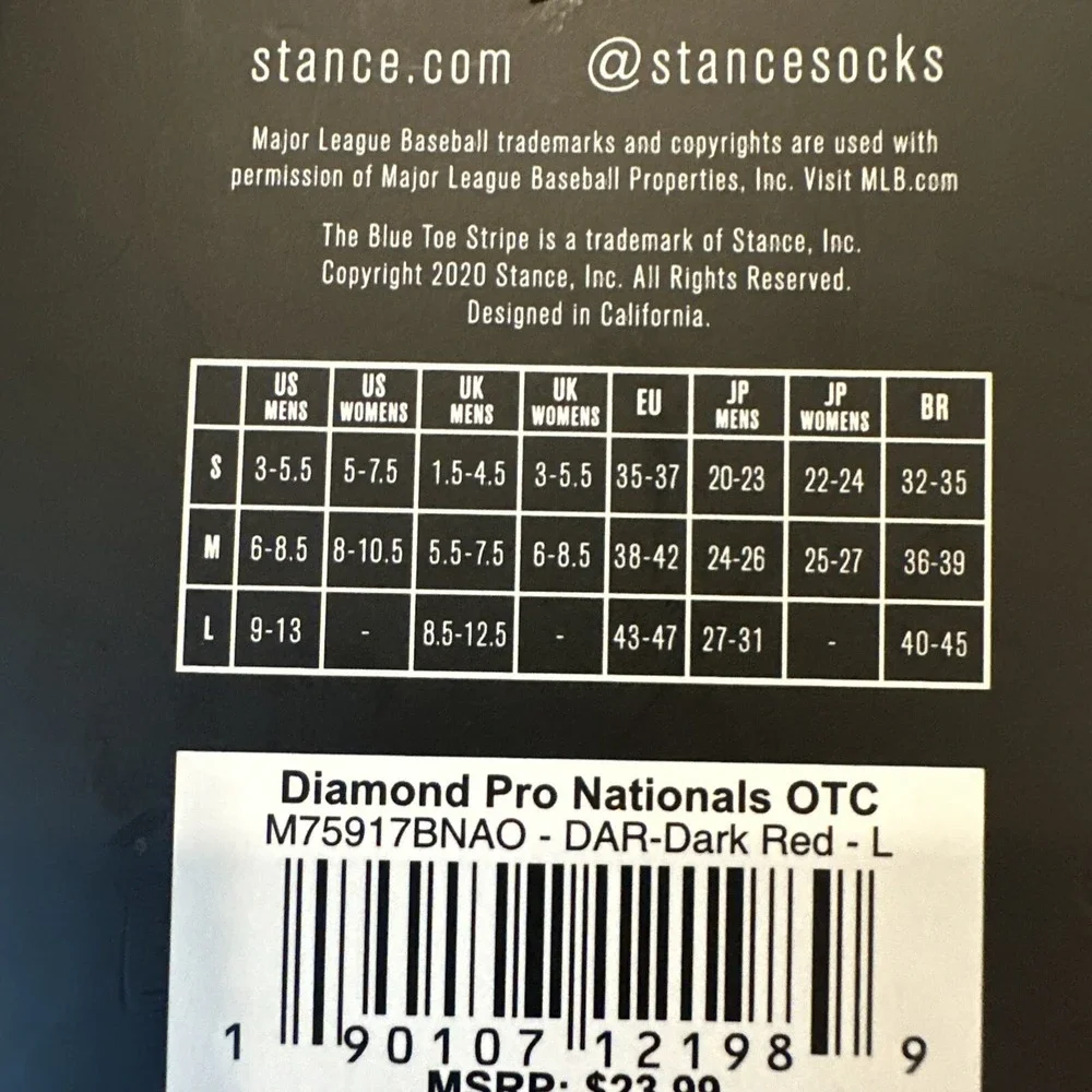Stance MLB Washington Nationals Diamond Pro OTC Baseball Socks Mens Large NWT